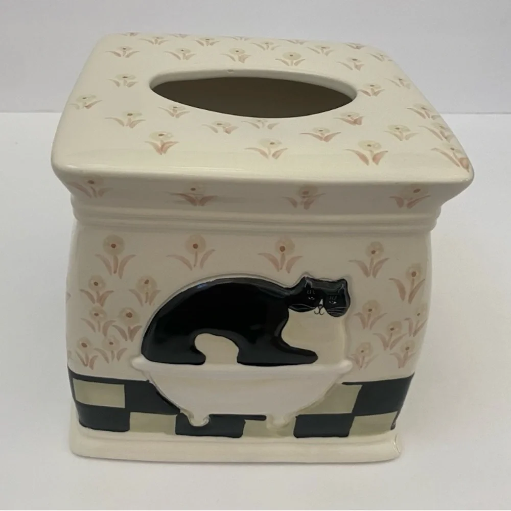 Warren Kimble Fat Cat in Tub Tissue Box Cover Ceramic Bath Black & White Tuxedo - Picture 2 of 8